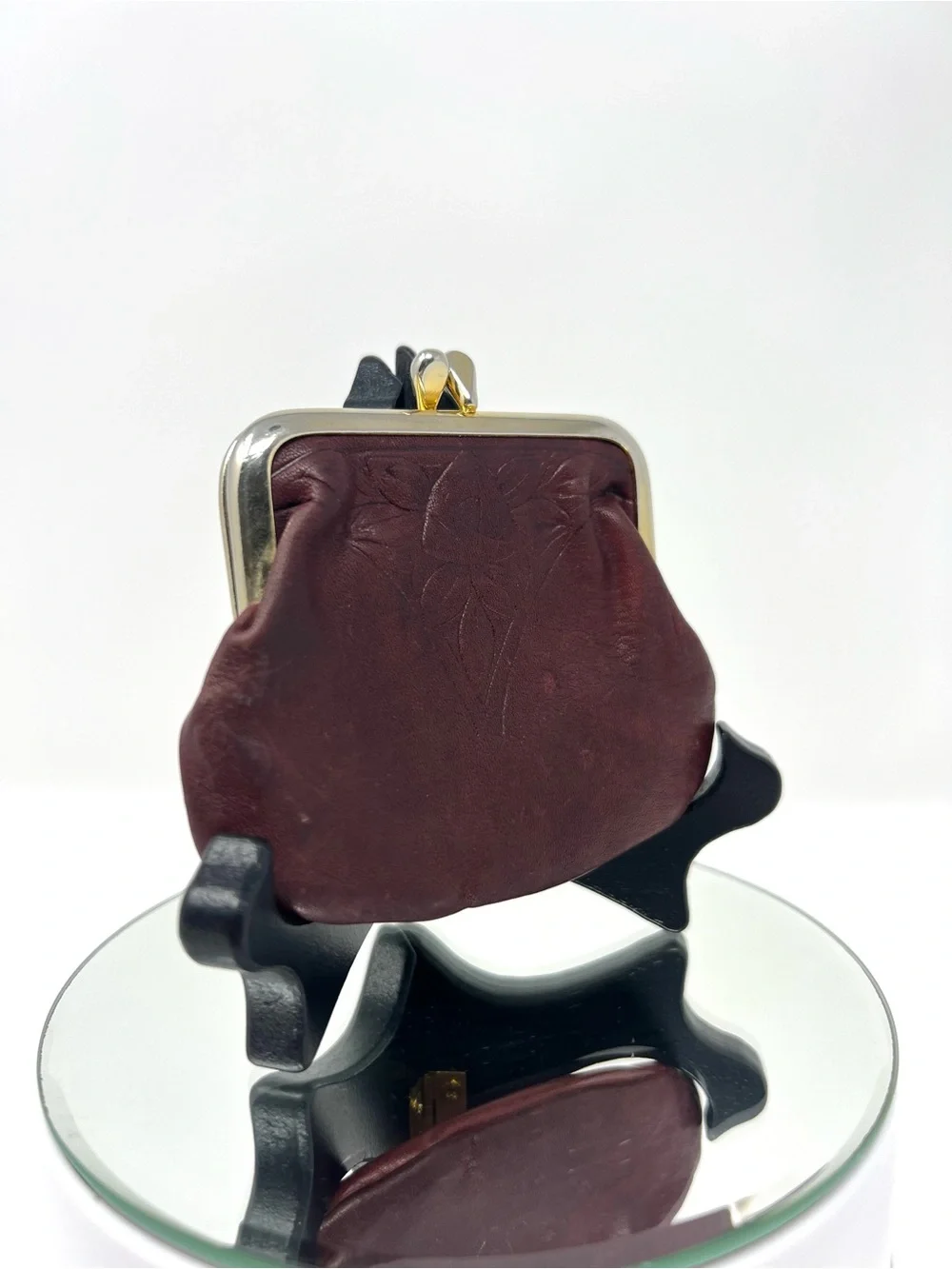 Vintage ROLFS Oxblood Burgundy Leather Coin Purse Kiss Lock Tooled Rose Boho